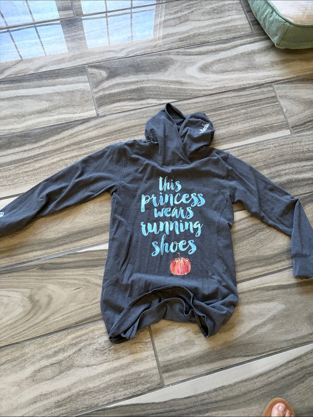 Womens Gray Hooded Long-Sleeve Tee with Blue Script and Pumpkin Graphic